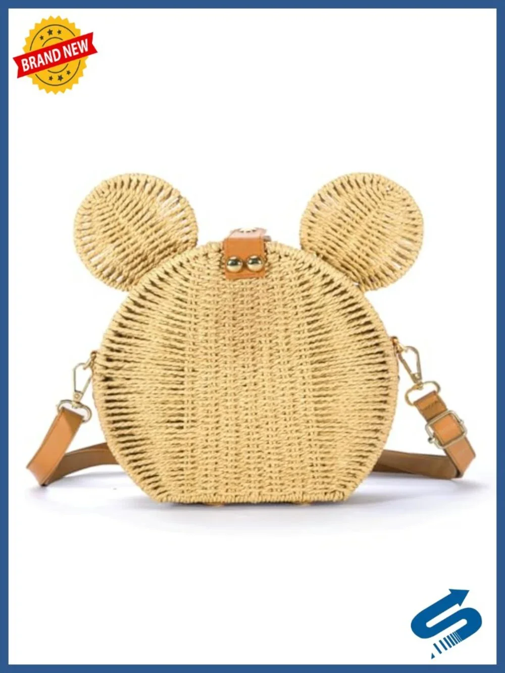 Round Rattan Straw Bag Purse Women Handmade Mouse Ear Wicker Woven Crossbody